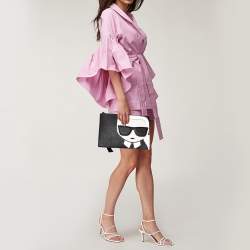 Pre Owned Karl Lagerfeld Black Leather Ikonik Top Zip Clutch