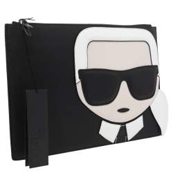Pre Owned Karl Lagerfeld Black Leather Ikonik Top Zip Clutch