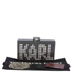 Karl Lagerfeld Black/Silver Glitter Acrylic Minaudiere Diamonds Chain Box Clutch