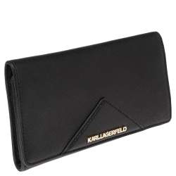 Pre Owned Karl Lagerfeld Black Leather Long Trifold Wallet