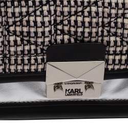 Pre Owned Karl Lagerfeld Black/Silver Leather and Tweed K/Kuilted Stud Shoulder Bag