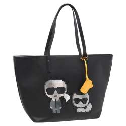 Karl Lagerfeld Black Leather K/Pixel Karl Choupette Shopper Tote