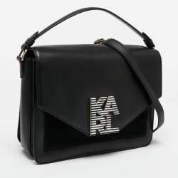 Pre Owned Karl Lagerfeld Black Leather And Suede Logo Top Handle Bag