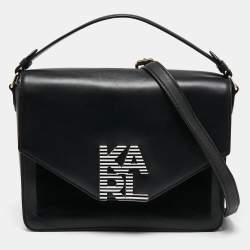 Pre Owned Karl Lagerfeld Black Leather And Suede Logo Top Handle Bag
