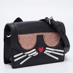 Karl Lagerfeld Black Leather K/Cocktail Cat Crossbody Bag