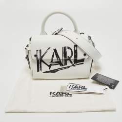 Pre Owned Karl Lagerfeld White Printed Leather Mini K/Ikon Top Handle Bag
