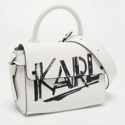 Pre Owned Karl Lagerfeld White Printed Leather Mini K/Ikon Top Handle Bag