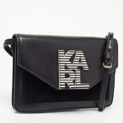 Pre Owned Karl Lagerfeld Black Leather Logo Envelope Flap Shoulder Bag
