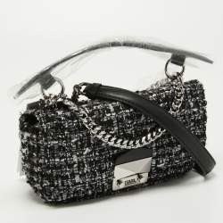 Pre Owned Karl Lagerfeld Black Tweed and Leather Flap Shoulder Bag