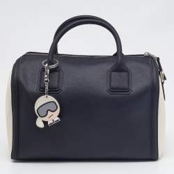 Pre Owned Karl Lagerfeld Black/White Saffiano Leather Logo Boston Bag