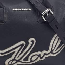 Pre Owned Karl Lagerfeld Black/White Saffiano Leather Logo Boston Bag