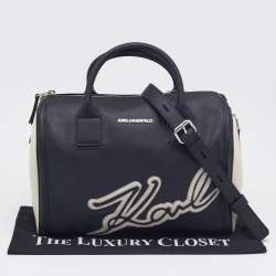 Pre Owned Karl Lagerfeld Black/White Saffiano Leather Logo Boston Bag