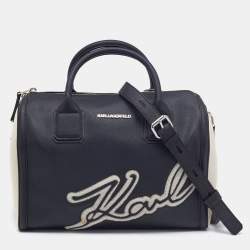 Pre Owned Karl Lagerfeld  Black/White Saffiano Leather Logo Boston Bag