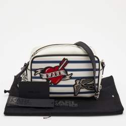 Pre Owned Karl Lagerfeld White/Blue Striped Captain Karl Crossbody Bag