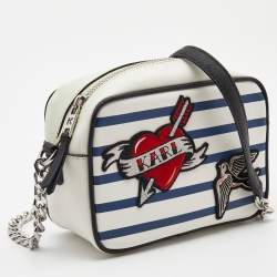 Pre Owned Karl Lagerfeld White/Blue Striped Captain Karl Crossbody Bag