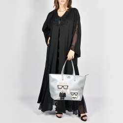 Pre Owned Karl Lagerfeld Silver Leather K/Ikonic Karl Choupette Shopper Tote