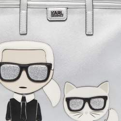 Pre Owned Karl Lagerfeld Silver Leather K/Ikonic Karl Choupette Shopper Tote