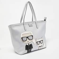 Pre Owned Karl Lagerfeld Silver Leather K/Ikonic Karl Choupette Shopper Tote