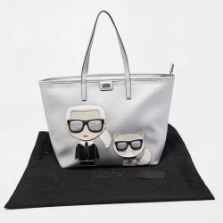 Pre Owned Karl Lagerfeld Silver Leather K/Ikonic Karl Choupette Shopper Tote