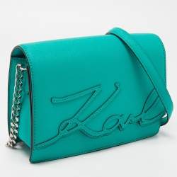 Pre Owned Karl Lagerfeld Green Saffiano Leather Medium K/Signature Shoulder Bag