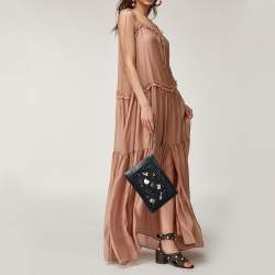 Pre Owned Karl Lagerfeld Black Leather Leather and Tweed K/Klassik Pins Wristlet Pouch