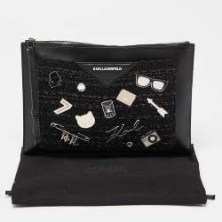 Pre Owned Karl Lagerfeld Black Leather Leather and Tweed K/Klassik Pins Wristlet Pouch