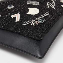 Pre Owned Karl Lagerfeld Black Leather Leather and Tweed K/Klassik Pins Wristlet Pouch