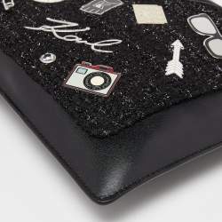 Pre Owned Karl Lagerfeld Black Leather Leather and Tweed K/Klassik Pins Wristlet Pouch