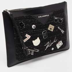 Pre Owned Karl Lagerfeld Black Leather Leather and Tweed K/Klassik Pins Wristlet Pouch
