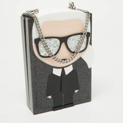 Pre Owned Karl Lagerfeld Grey Glitter Acrylic K/ikonik Karl Minaudière Crossbody Bag