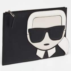 Pre Owned Karl Lagerfeld Black/White Leather K/Ikonik Zip Pouch