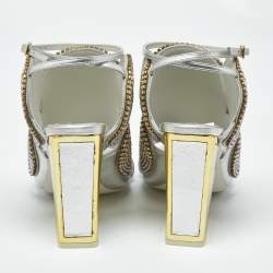Pre Owned Kat Maconie Silver Leather Frida Crystals Slingback Sandals Size 38