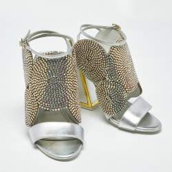 Pre Owned Kat Maconie Silver Leather Frida Crystals Slingback Sandals Size 38