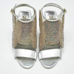 Pre Owned Kat Maconie Silver Leather Frida Crystals Slingback Sandals Size 38