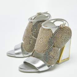 Pre Owned Kat Maconie Silver Leather Frida Crystals Slingback Sandals Size 38