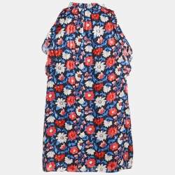 Pre Owned Kate Spade Blue Floral Print Silk Ruffled Top S