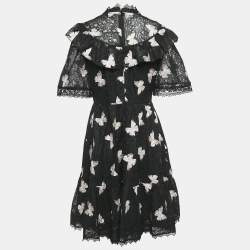 Pre Owned Kate Spade Black Butterfly Embroidery Lace Ruffled Short Dress M