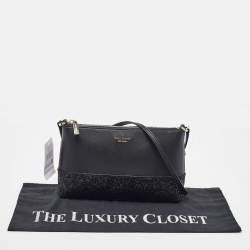 Pre Owned Kate Spade Black Glitter and Leather Ramey Greta Court Crossbody Bag
