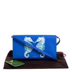 Pre Owned Kate Spade Blue Leather Seahorse Applique Flap Crossbody Bag