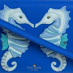 Pre Owned Kate Spade Blue Leather Seahorse Applique Flap Crossbody Bag