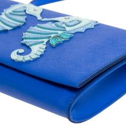 Pre Owned Kate Spade Blue Leather Seahorse Applique Flap Crossbody Bag