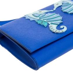 Pre Owned Kate Spade Blue Leather Seahorse Applique Flap Crossbody Bag