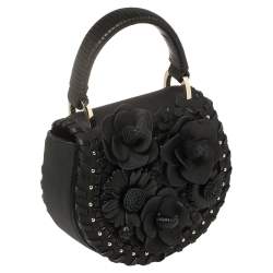 Pre Owned Kate Spade Black Floral Applique Leather Madison Layden Top Handle Bag
