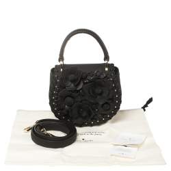 Pre Owned Kate Spade Black Floral Applique Leather Madison Layden Top Handle Bag