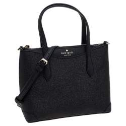 Pre Owned Kate Spade Black Shimmer Glitter And Saffiano Leather Top Zip Tote