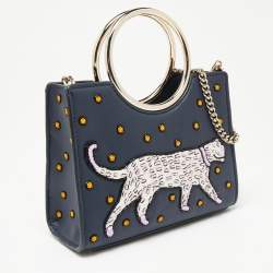 Pre Owned Kate Spade Navy Blue Leather Mini Embellished Panther Sam Brace Satchel