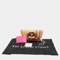 Pre Owned Kate Spade Multicolor oven Raffia and Leather Spademals Preeny Peacock Chain Clutch