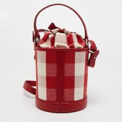 Pre Owned Kate Spade Red/White Canvas and Leather Small Picnic Gingham Bucket Bag