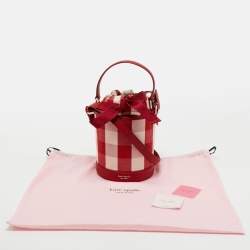 Pre Owned Kate Spade Red/White Canvas and Leather Small Picnic Gingham Bucket Bag