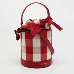 Pre Owned Kate Spade Red/White Canvas and Leather Small Picnic Gingham Bucket Bag